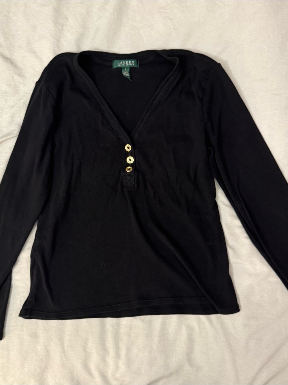 Lauren Ralph Lauren Black Long-Sleeve V-Neck Top with Gold Buttons
